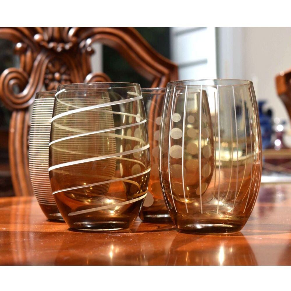 Set of 4 Mikasa Cheers Amber Etched Stemless Wine Glasses 17oz Dots Swirl Lines